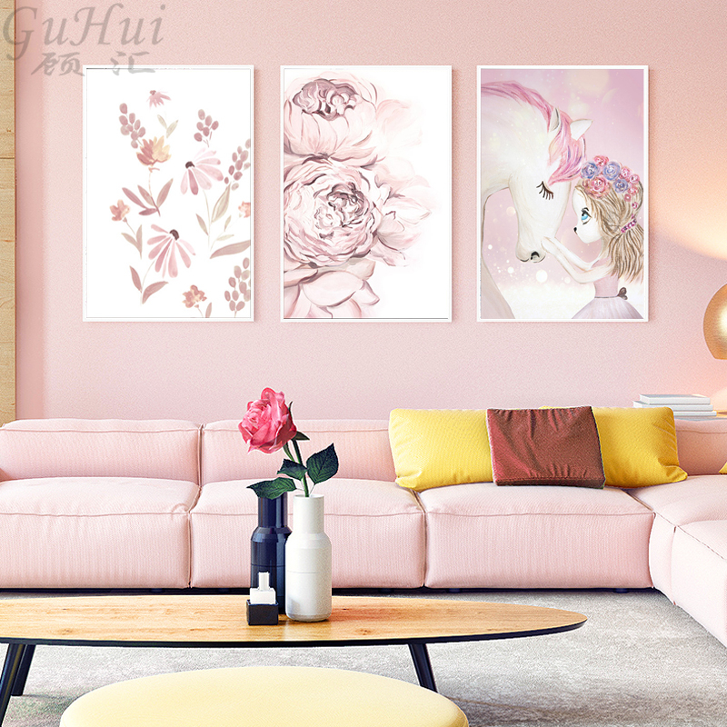 Nordic Watercolor Unicorn Deer Rabbit Canvas Painting Flower Poster Swan Wall Pictures Room Home - 3