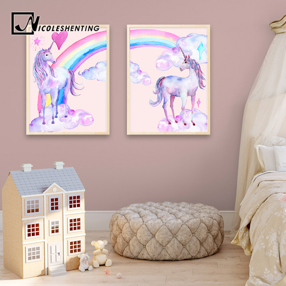 Rainbow Unicorn Posters Canvas Prints Watercolor Pegasus Painting Wall Art Decorative Picture Nordic Style - 2