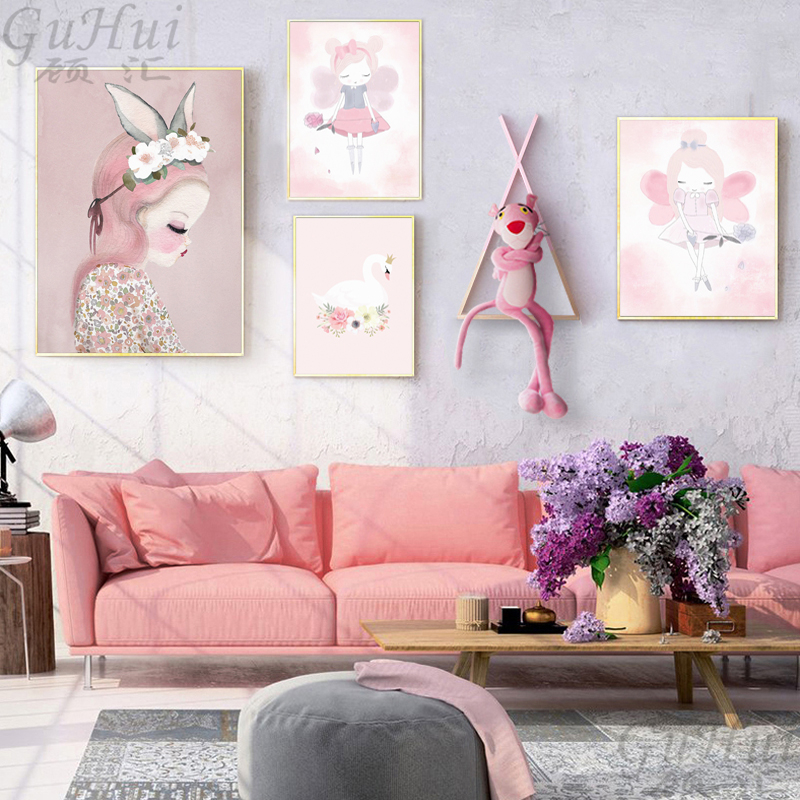 Nordic Pink Watercolor Flower Rabbit Elf Animal Unicorn Swan Poster Canvas Painting Wall Picture Room - 2