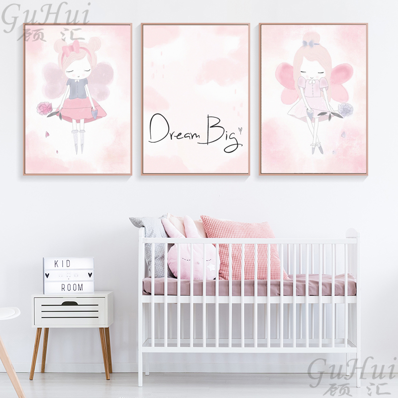 Nordic Pink Watercolor Flower Rabbit Elf Animal Unicorn Swan Poster Canvas Painting Wall Picture Room - 3