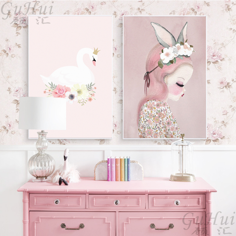 Nordic Pink Watercolor Flower Rabbit Elf Animal Unicorn Swan Poster Canvas Painting Wall Picture Room - 4