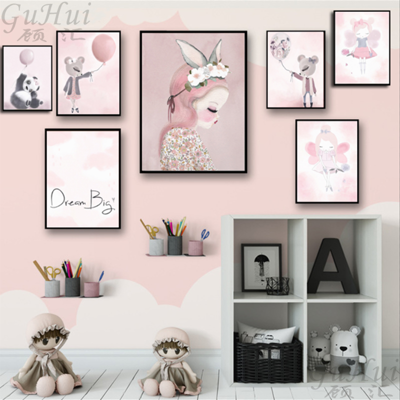 Nordic Pink Watercolor Flower Rabbit Elf Animal Unicorn Swan Poster Canvas Painting Wall Picture Room - 5