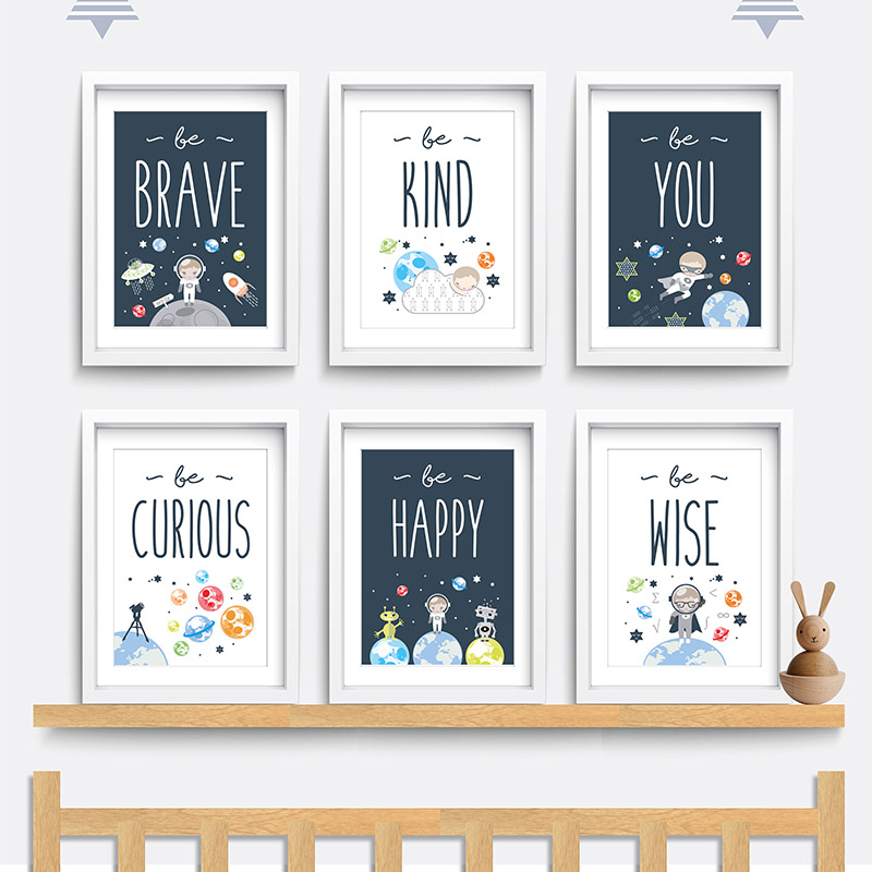 Modern Nursery Wall Art Space Themed Canvas Print Inspirational Be Brave Be Kind Love You To The Moon Painting - 1