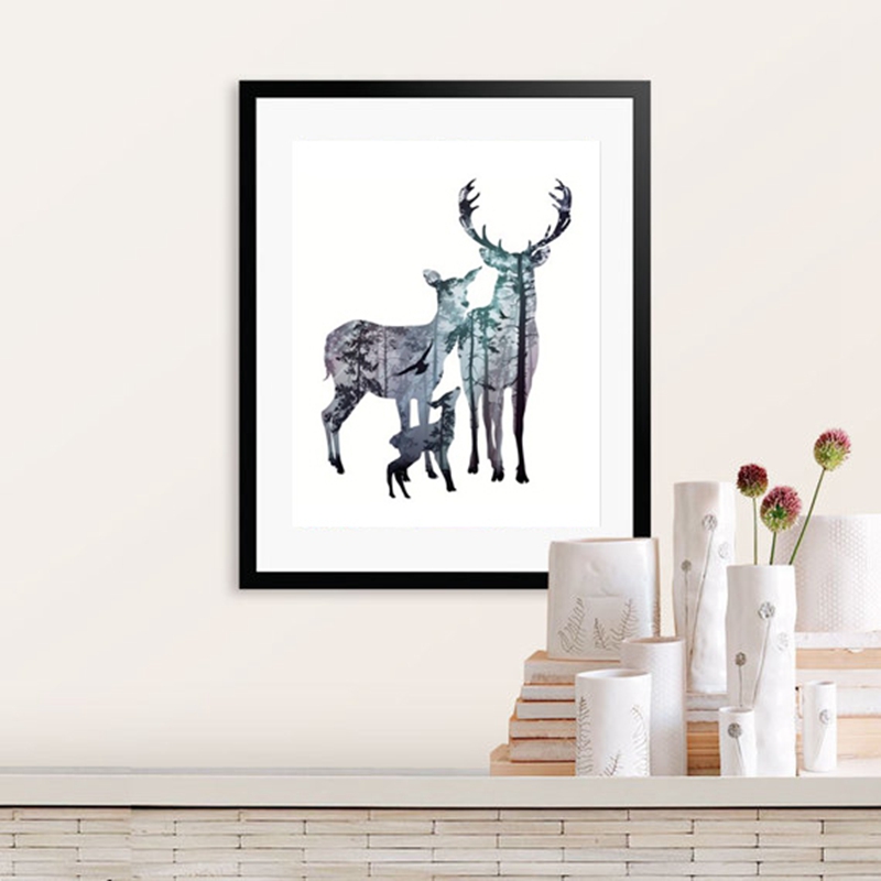 Ins Art Print Poster Nordic Vintage Deer Family Animal Silhouette Canvas Painting Living Room - 4