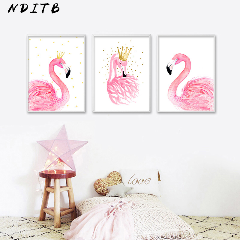 Elegant Watercolor Flamingo Crown Canvas Poster Print Wall Art Painting Nordic Pictures Bedroom - 2