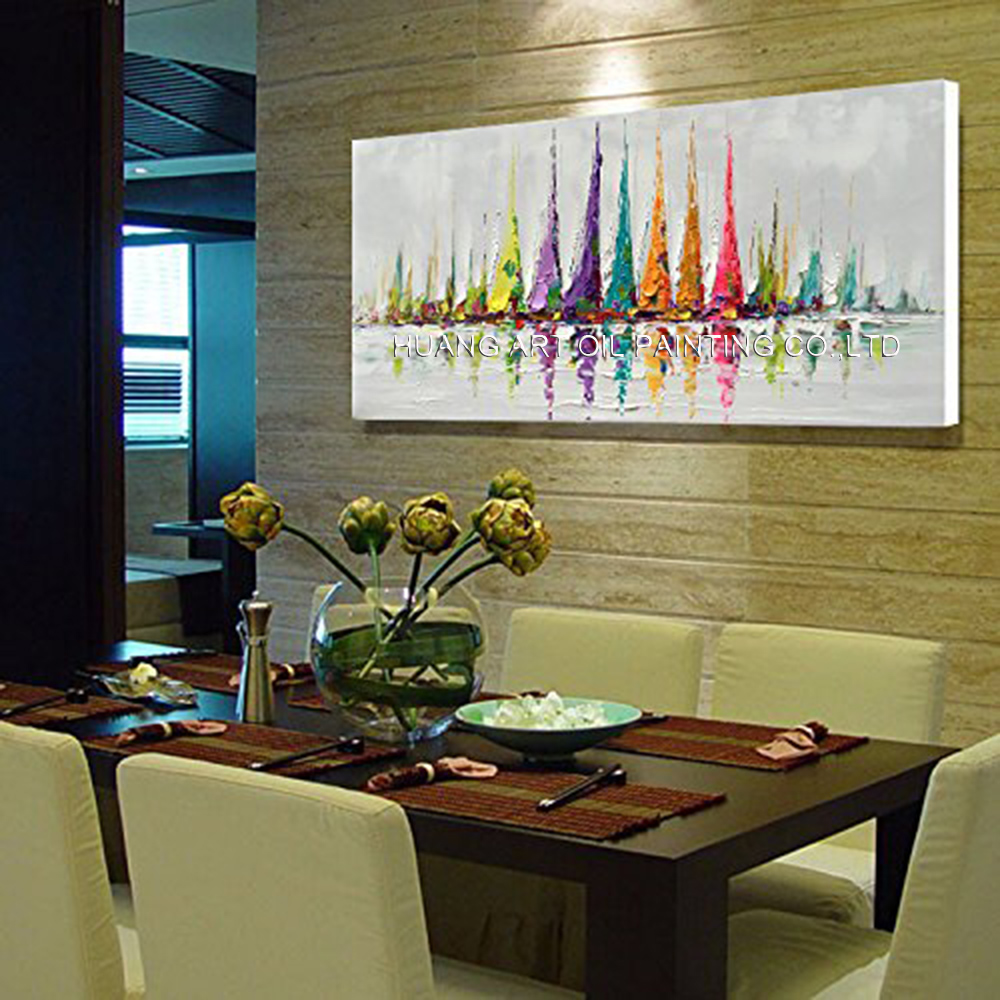 Hand Canvas Wall Art Colorful Sailboat Abstract Oil Painting Modern Decorative Artwork Contemporary Landscape - 2