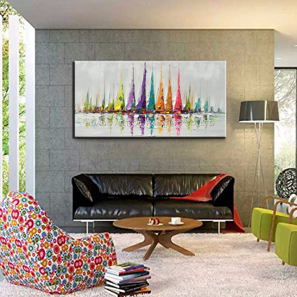 Hand Canvas Wall Art Colorful Sailboat Abstract Oil Painting Modern Decorative Artwork Contemporary Landscape - 3