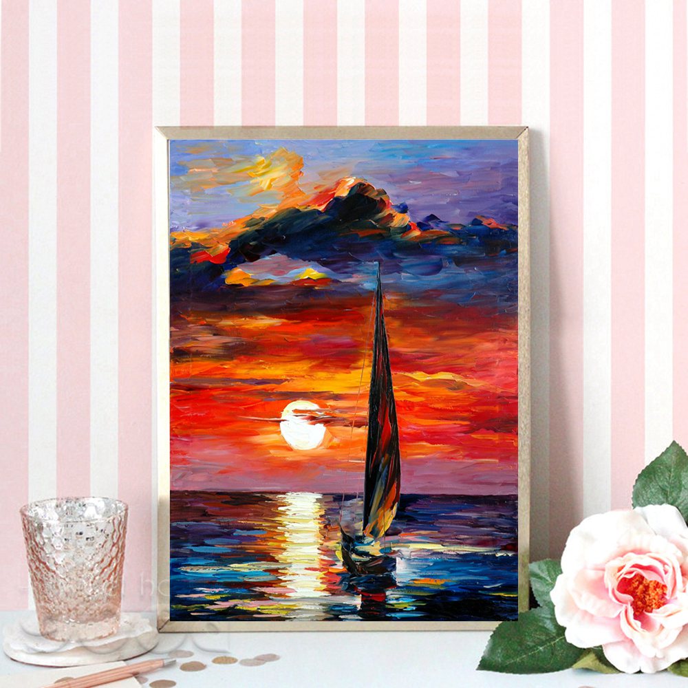 Sunset Oil Painting Print Canvas Multicolor Artwork Sailboat Seascape Poster Home Wall Art - 3