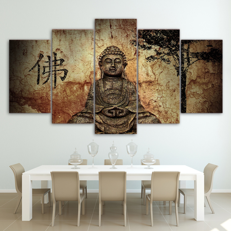 Hd Prints Canvas Wall Art Pictures Home Room 5 Pieces Buddha Combine Paintings Modular Vintage Zen Poster Framework - 3