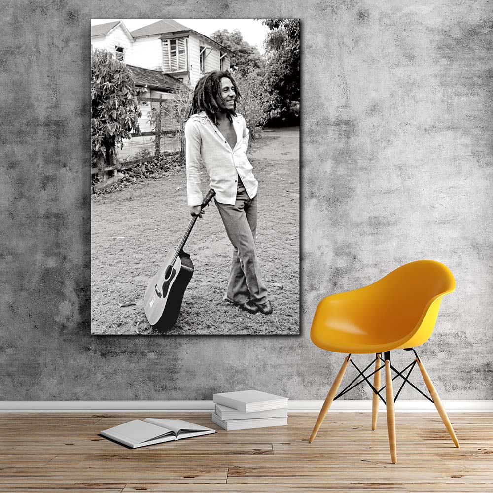 Large Black White Bob Marley Modern Painting Canvas Art Print Stretched Frame Wall Artwork For Living Room Decor - 1