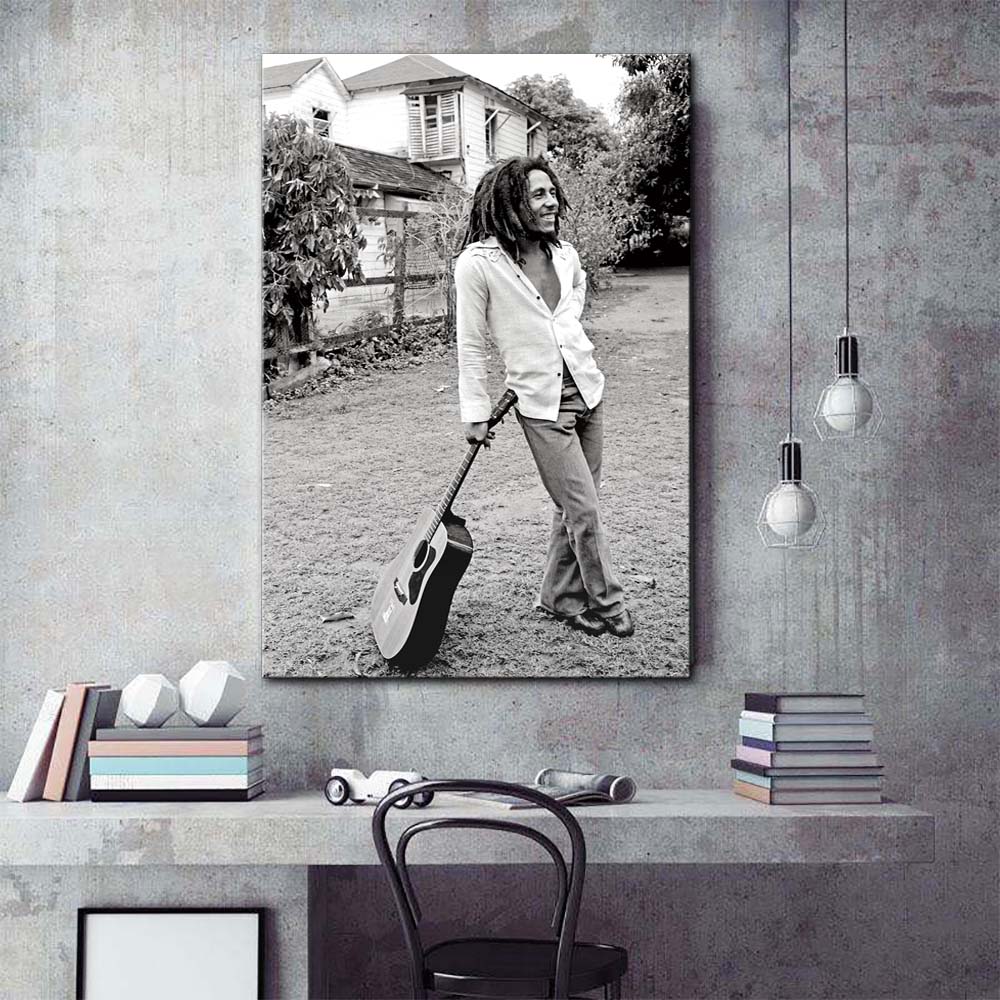 Large Black White Bob Marley Modern Painting Canvas Art Print Stretched Frame Wall Artwork For Living Room Decor - 2