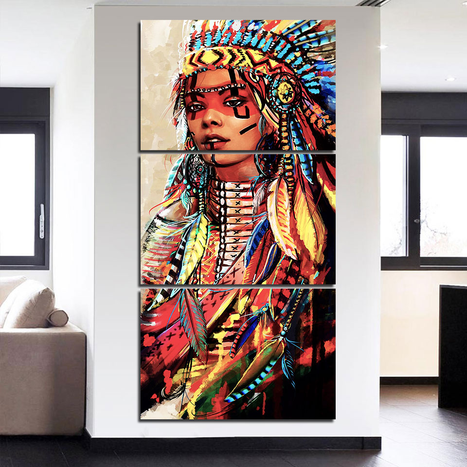 Highdefinition 3piece Native American Indian Canvas Art Feathered Wall Painting Ny7263c - 1