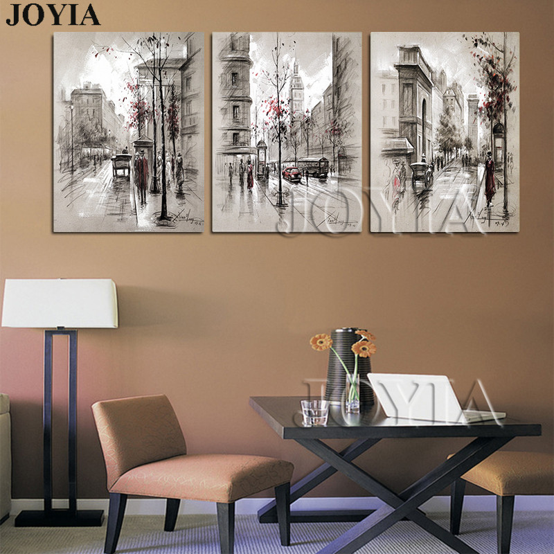 Home Canvas Wall Art Vintage City Street Landscape Paintings Living Room 3 Piece Retro Paris Picture No Frame - 3