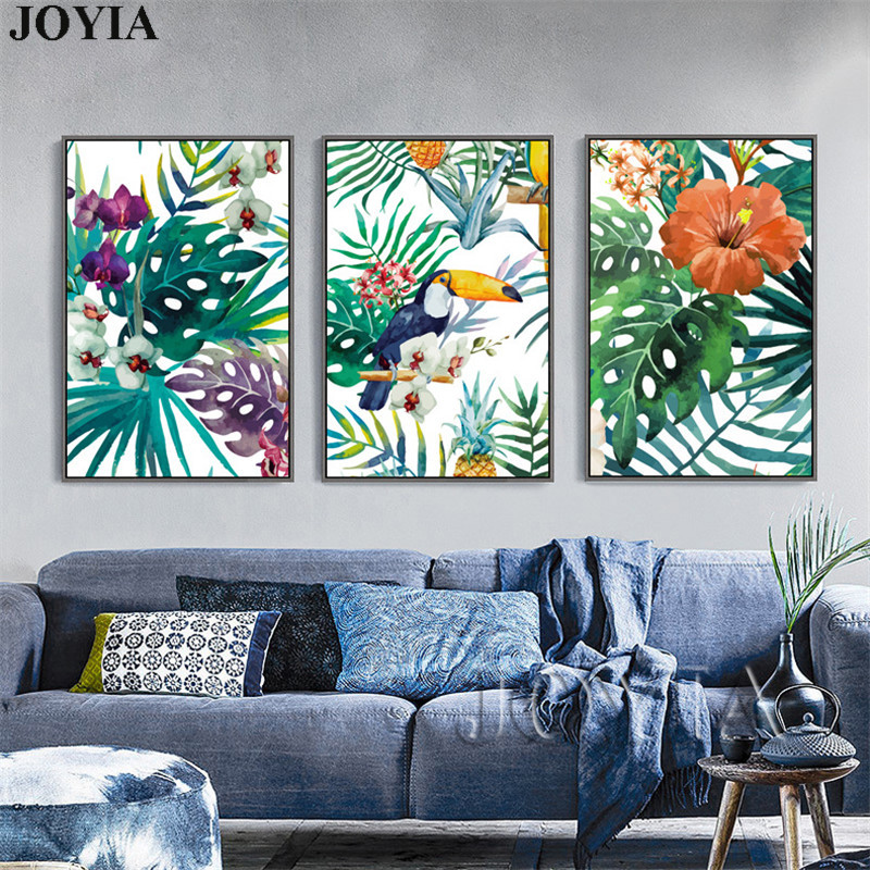 Watercolor Canvas Wall Art Rainforest Plants Bird Painting Tropical Leaves Pictures Home No Frame - 2