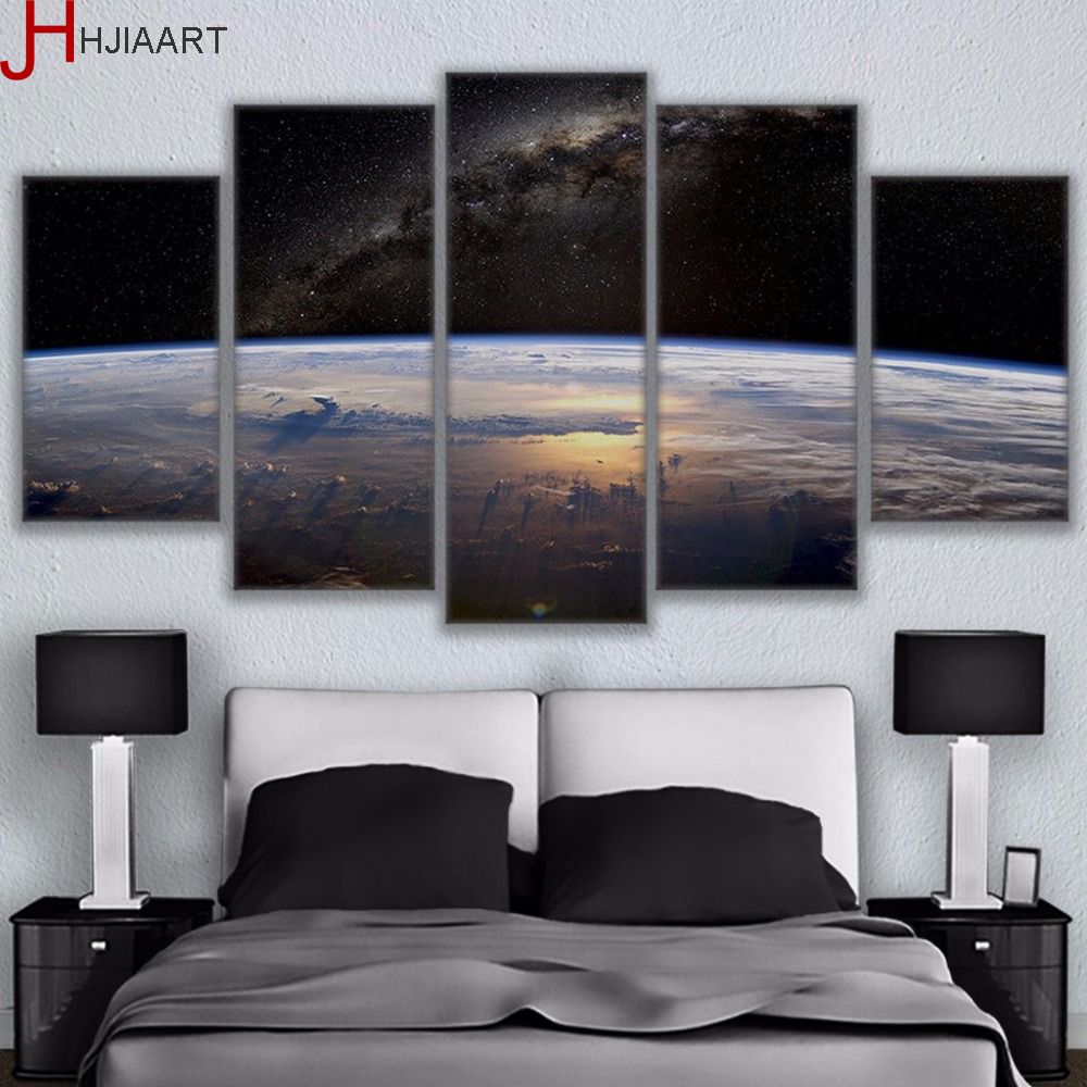 Hd Universe Space View 5piece Canvas Wall Art Set Planet Horizon Painting Framed Home Decor For Living Room - 2