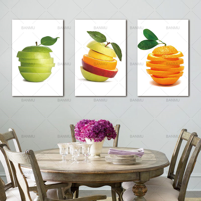 Modern 3piece Fruit Themed Canvas Wall Art For Kitchen And Dining Room Green Apple And Orange Slices - 4