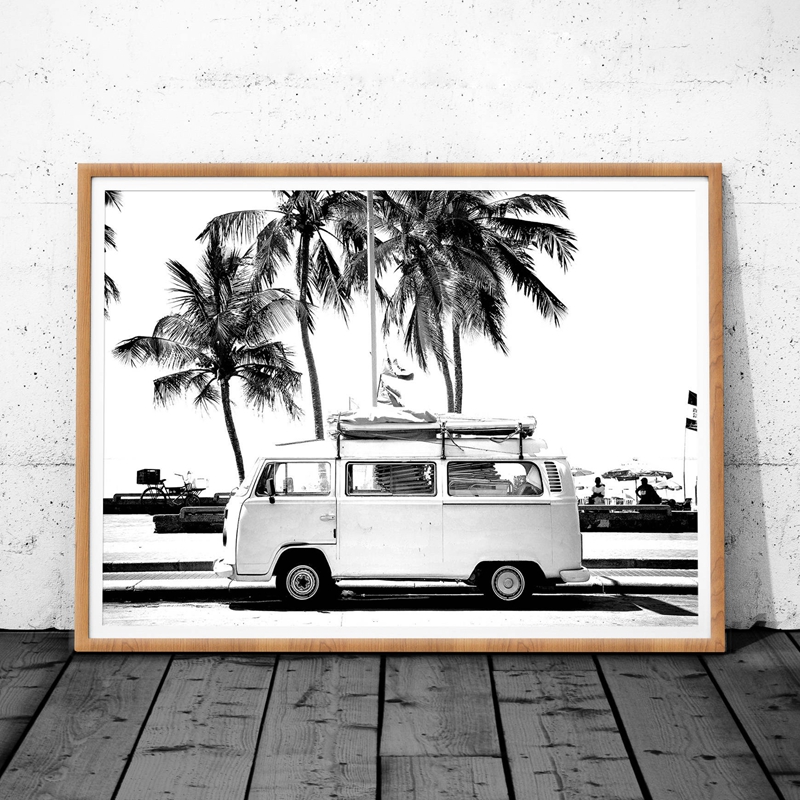 Vintage Vw Camper Black Palm Tree Coastal Photography Canvas Poster Retro Wall Art Print - 1