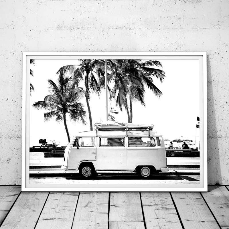 Vintage Vw Camper Black Palm Tree Coastal Photography Canvas Poster Retro Wall Art Print - 2