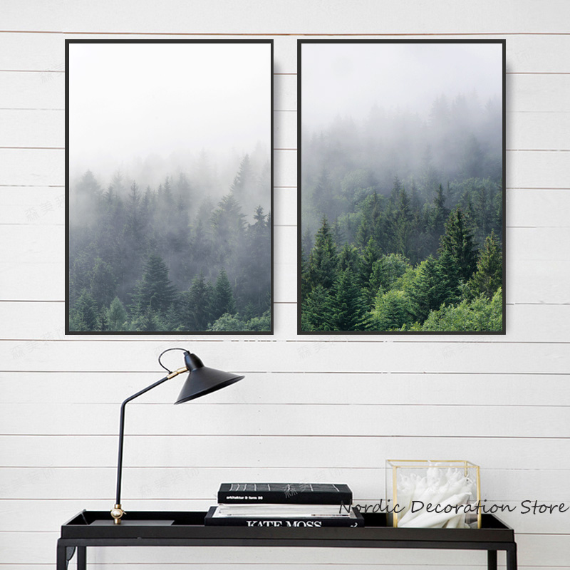 Nordic Forest Fog Canvas Art Prints Green Plant Poster Unframed Trio Wall Decor Paintings - 2