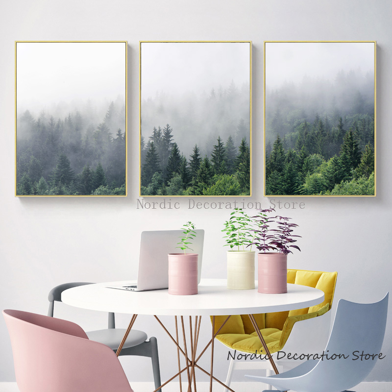 Nordic Forest Fog Canvas Art Prints Green Plant Poster Unframed Trio Wall Decor Paintings - 3