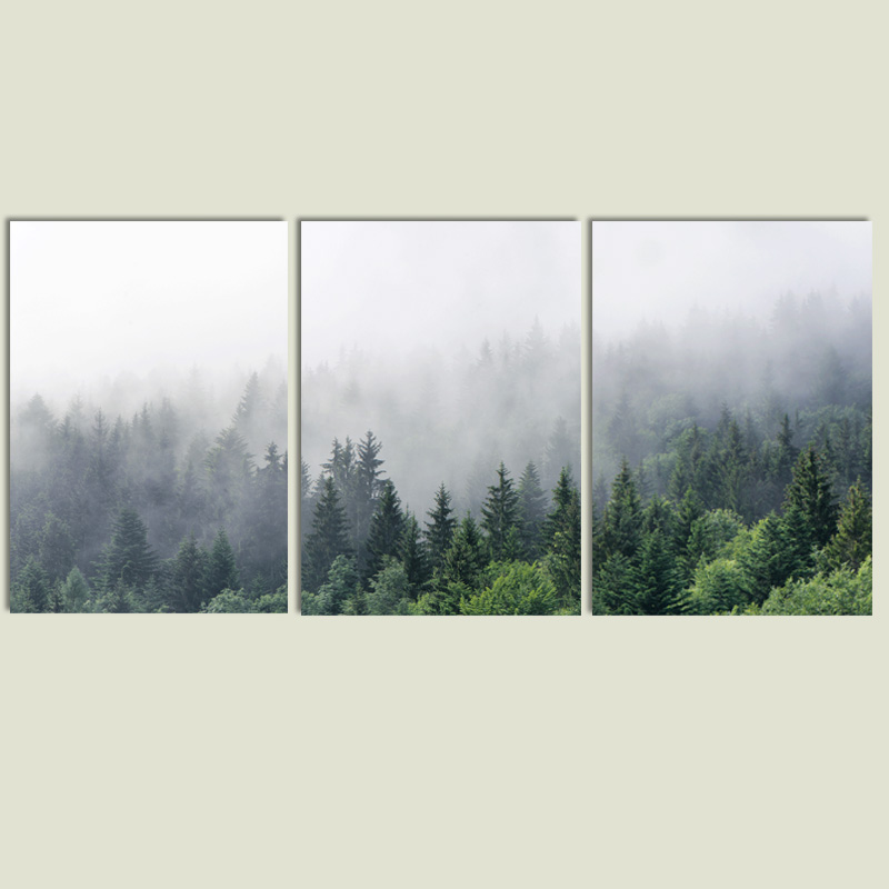 Nordic Forest Fog Canvas Art Prints Green Plant Poster Unframed Trio Wall Decor Paintings - 7