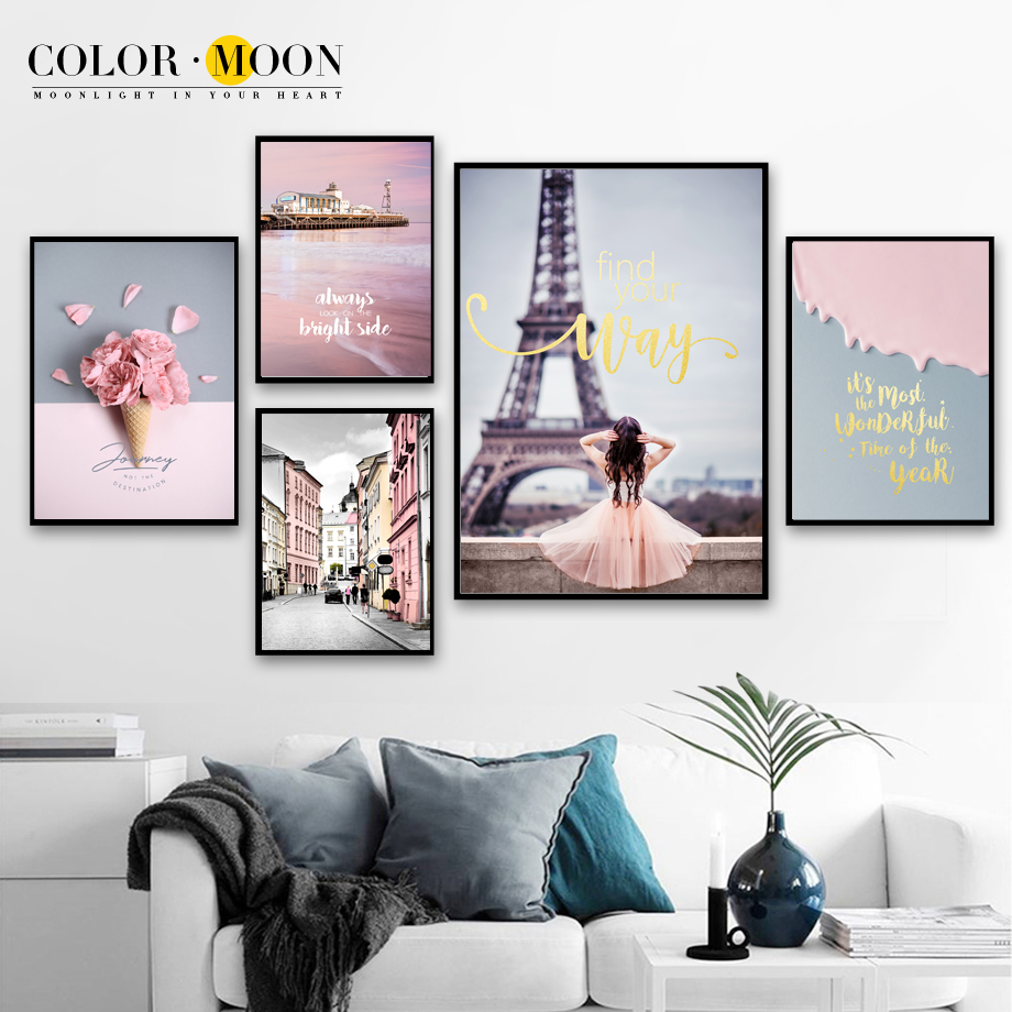 Paris Eiffel Tower Pink Blossom Nordic Canvas Art Print Modern Landscape Poster - 2