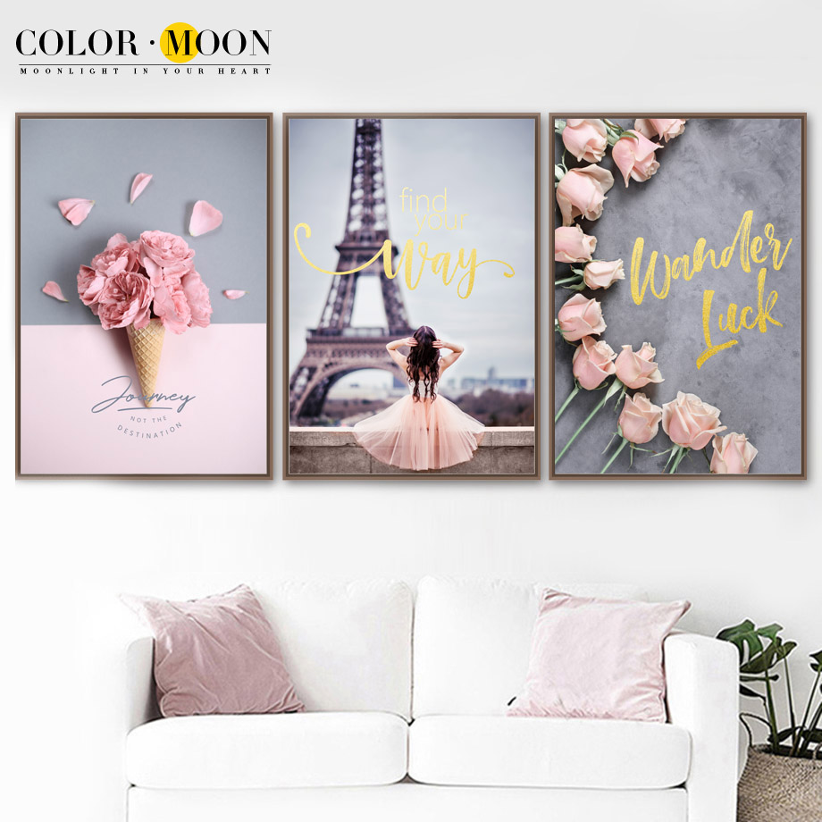 Paris Eiffel Tower Pink Blossom Nordic Canvas Art Print Modern Landscape Poster - 3