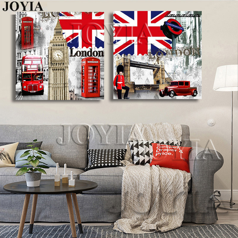 Vintage London Canvas Print Set Retro British Flag Wall Art 2piece Bedroom And Living Room Decor - 1