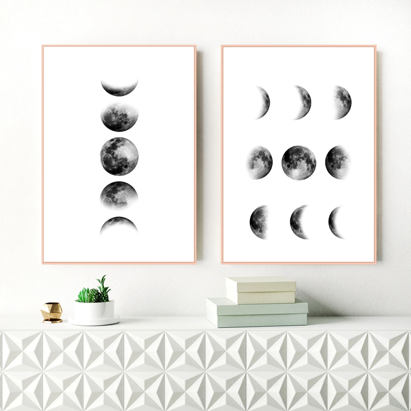 Black And White Lunar Phase Canvas Art Print Nordic Inspired Wall Dcor Scandinavian Poster Painting - 1