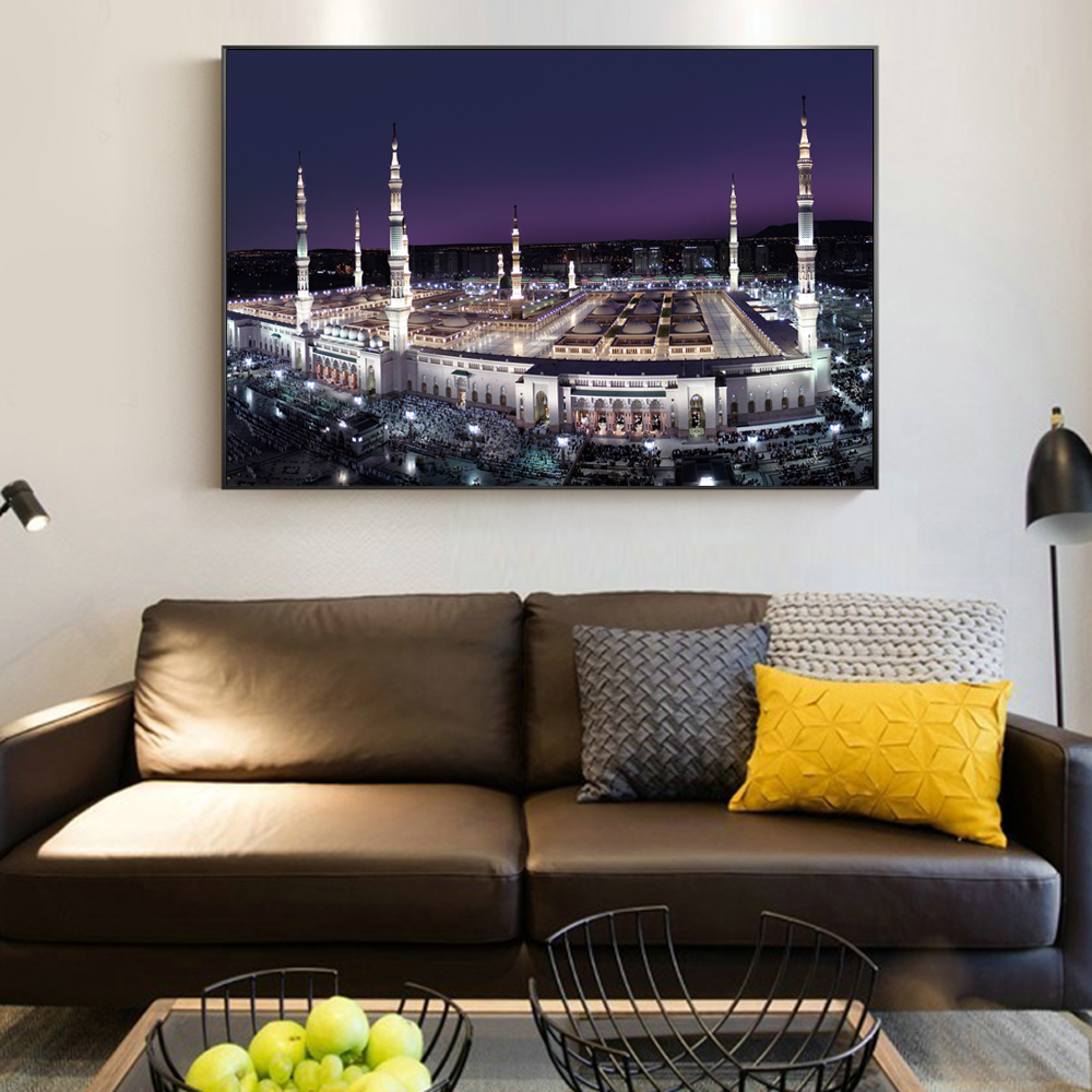 Mecca Nightscape Wall Posters Realistic Islamic Mosque Pictures Muslim Home Decor For Living Room - 3