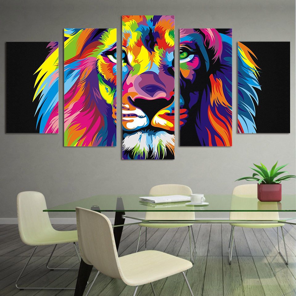 Canvas Posters Home Wall Art Framework 5 Pieces Colorful Lion Paintings Living Room Hd Prints Abstract Animal Pictures - 2