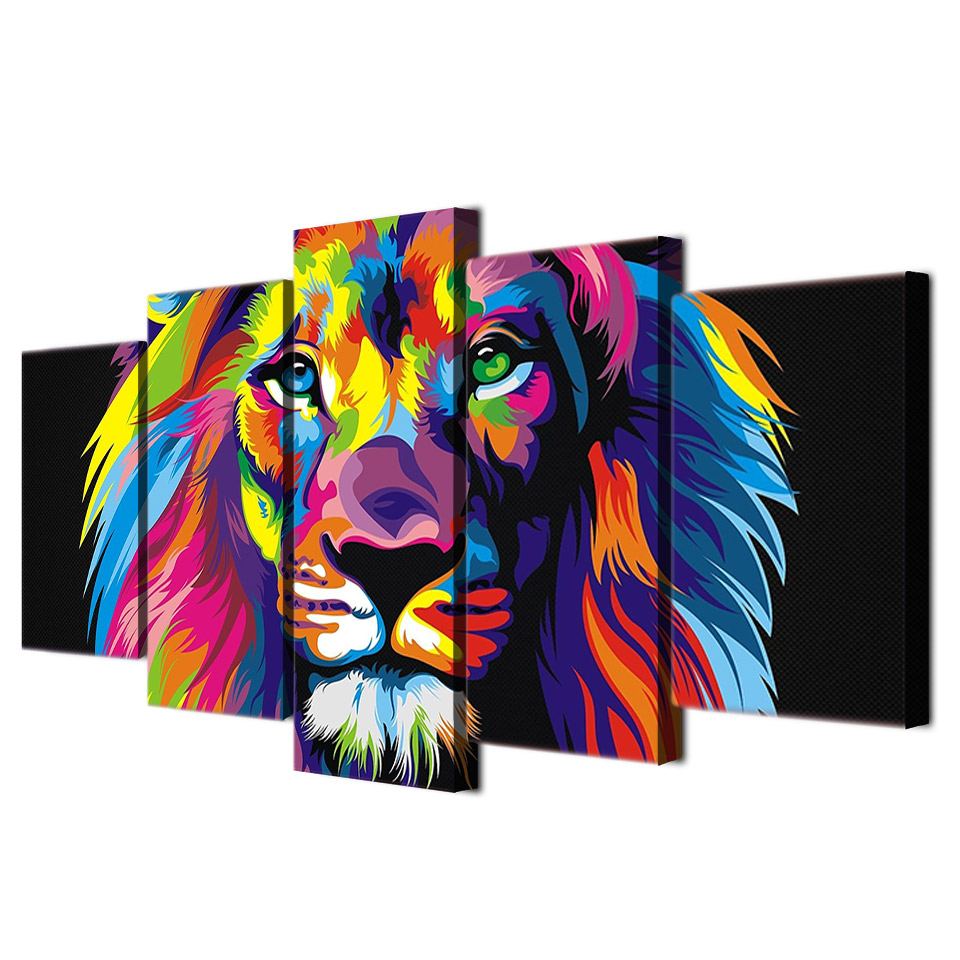 Canvas Posters Home Wall Art Framework 5 Pieces Colorful Lion Paintings Living Room Hd Prints Abstract Animal Pictures - 3