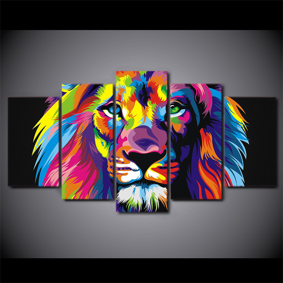 Canvas Posters Home Wall Art Framework 5 Pieces Colorful Lion Paintings Living Room Hd Prints Abstract Animal Pictures - 4