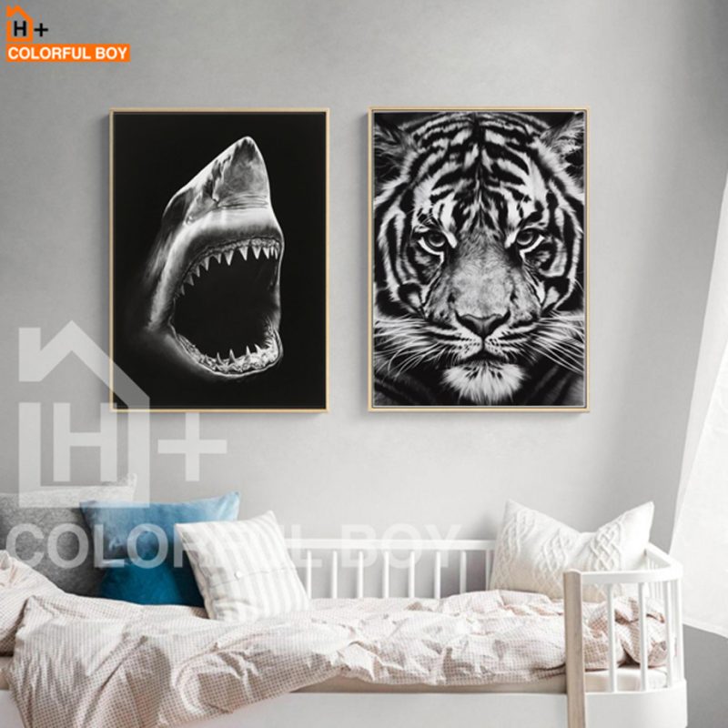 Modern Tiger Shark Wall Art Black White Canvas Prints For Home