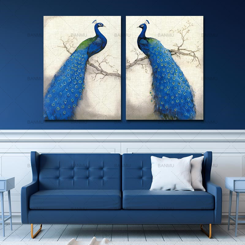 Canvas Prints Wall Painting Home Modern Animal Art Peacock Unframed Vintage Blue Branch - 2