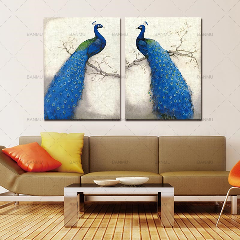 Canvas Prints Wall Painting Home Modern Animal Art Peacock Unframed Vintage Blue Branch - 4