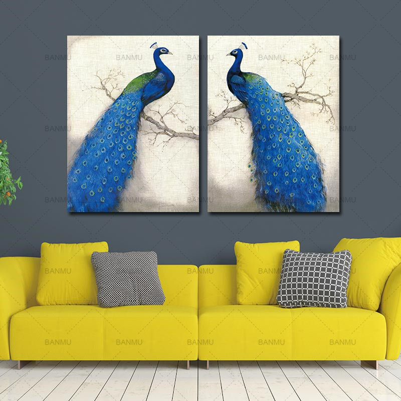 Canvas Prints Wall Painting Home Modern Animal Art Peacock Unframed Vintage Blue Branch - 6
