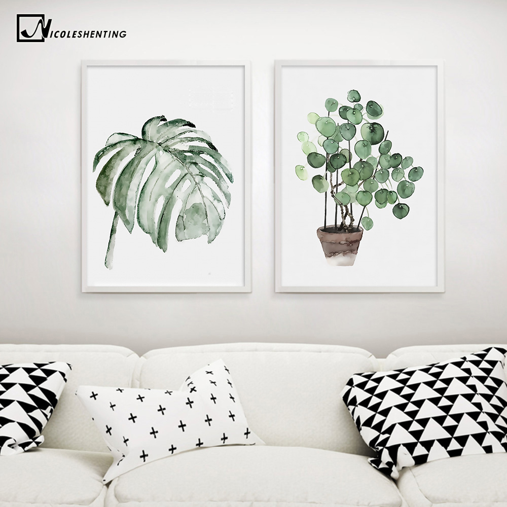 Watercolor Plant Leaves Poster Print Landscape Wall Art Canvas Painting Picture Living Room Home Cactus - 2