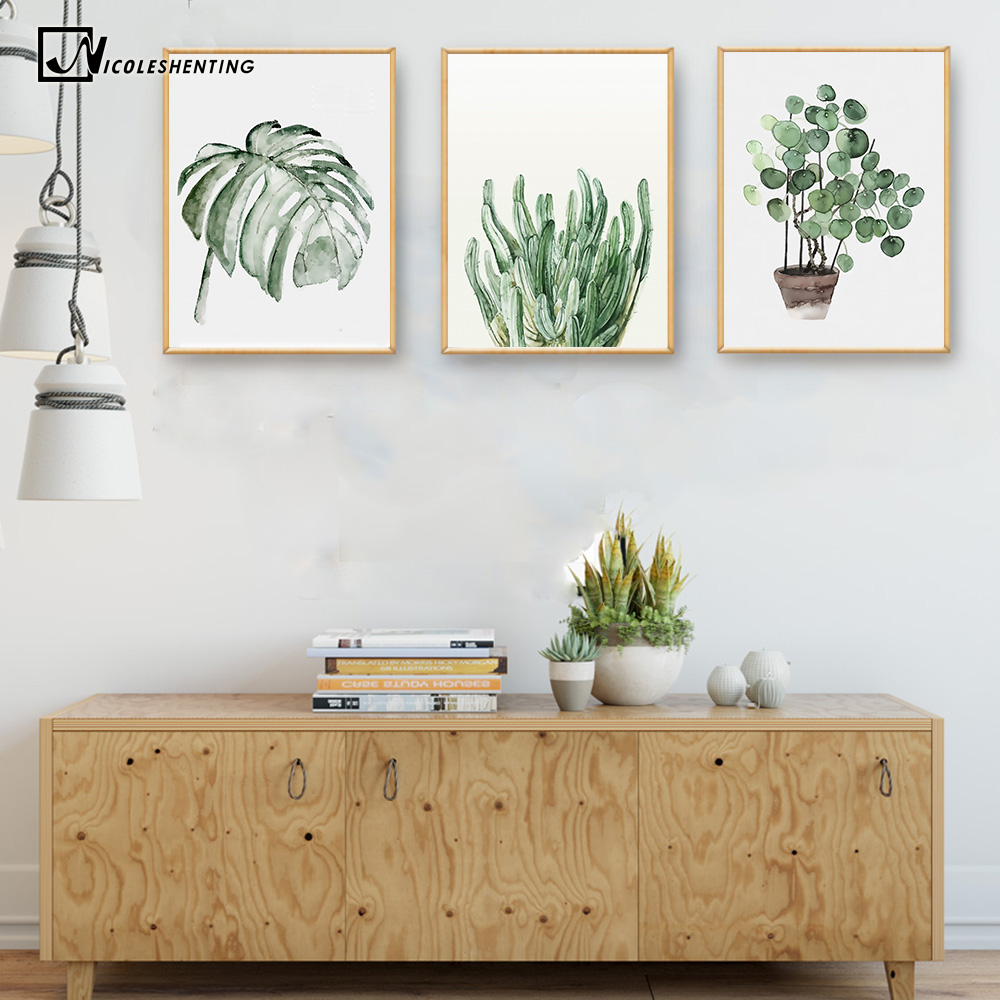 Watercolor Plant Leaves Poster Print Landscape Wall Art Canvas Painting Picture Living Room Home Cactus - 3