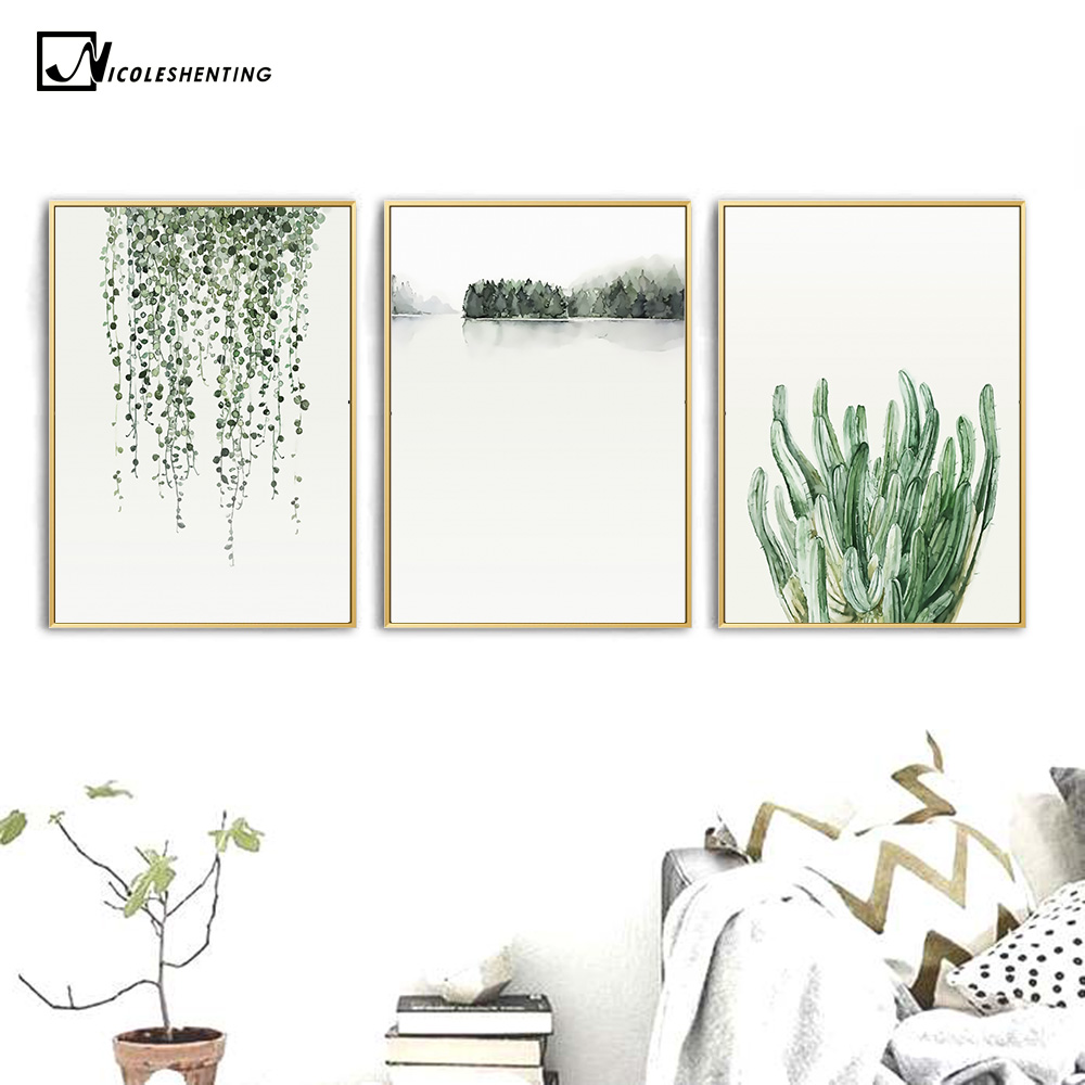 Watercolor Plant Leaves Poster Print Landscape Wall Art Canvas Painting Picture Living Room Home Cactus - 4