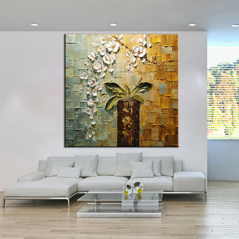 Hand-painted Modern Home Room Hall Wall Art Picture White Orchid Flower Thick Colors Palette Oil Painting On Canvas - 2
