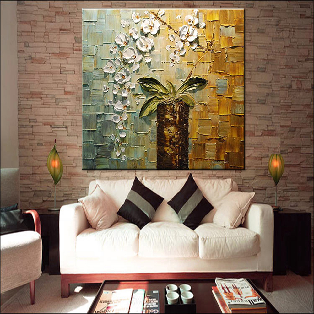 Hand-painted Modern Home Room Hall Wall Art Picture White Orchid Flower Thick Colors Palette Oil Painting On Canvas - 3