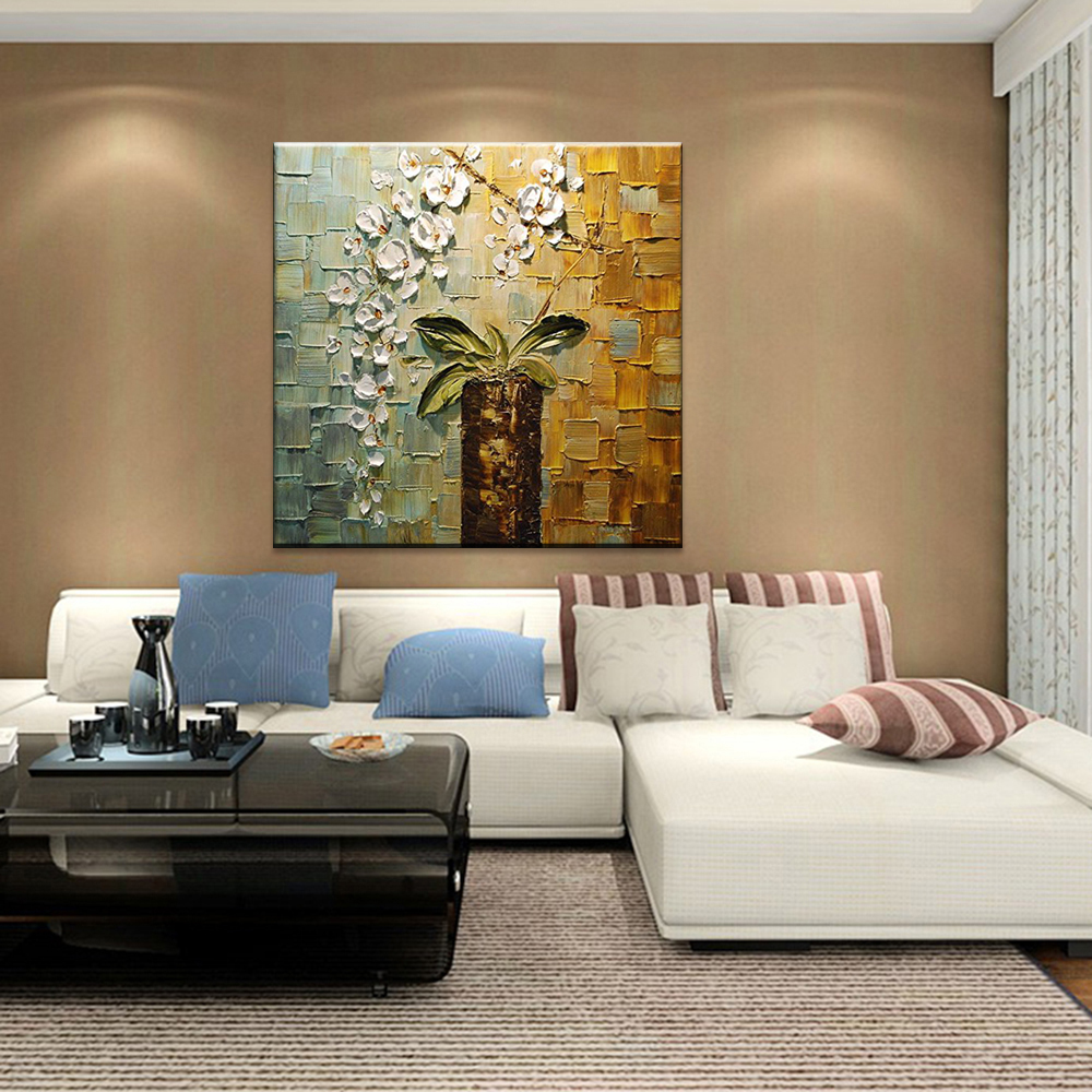 Hand-painted Modern Home Room Hall Wall Art Picture White Orchid Flower Thick Colors Palette Oil Painting On Canvas - 5