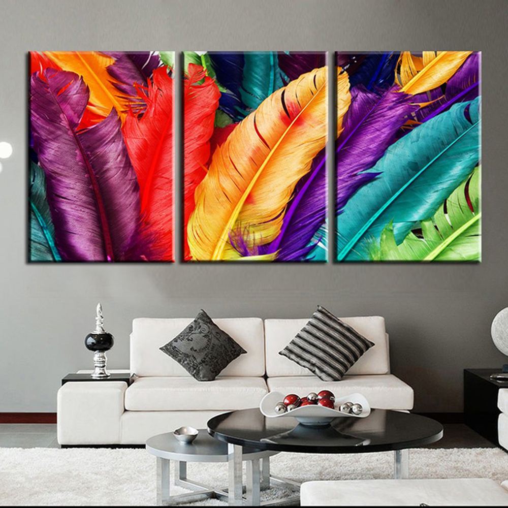 3 Pieces Colorful Feathers Canvas Painting Wall Art Pictures No Frame - 2