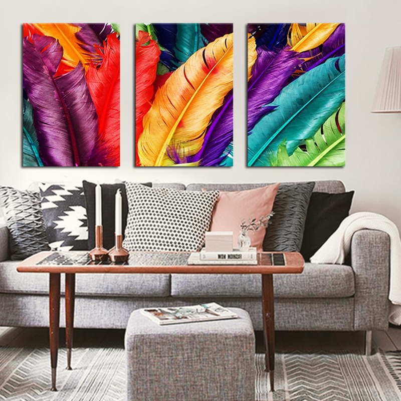3 Pieces Colorful Feathers Canvas Painting Wall Art Pictures No Frame - 3