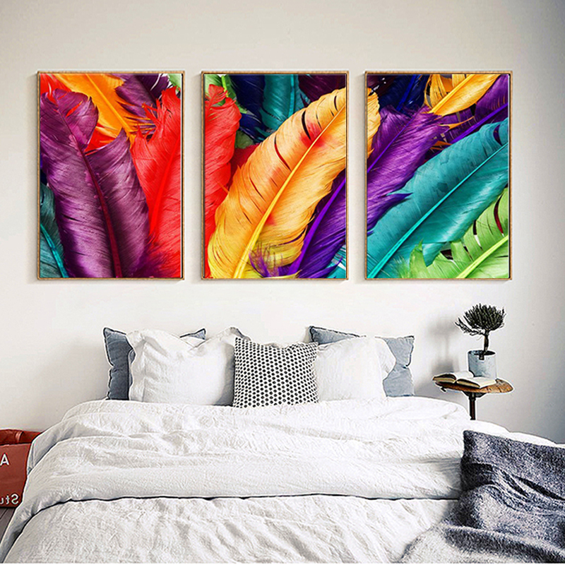 3 Pieces Colorful Feathers Canvas Painting Wall Art Pictures No Frame - 4
