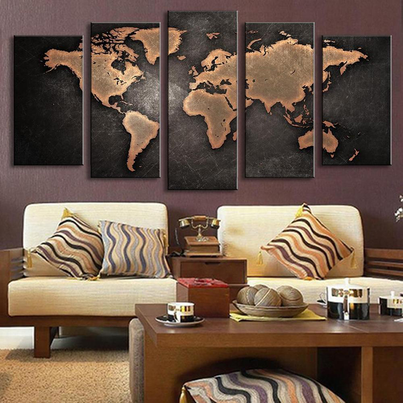 5 Panel Vintage World Map Canvas Painting Oil Print On Home Wall Art Picture Living Room Unframed - 4