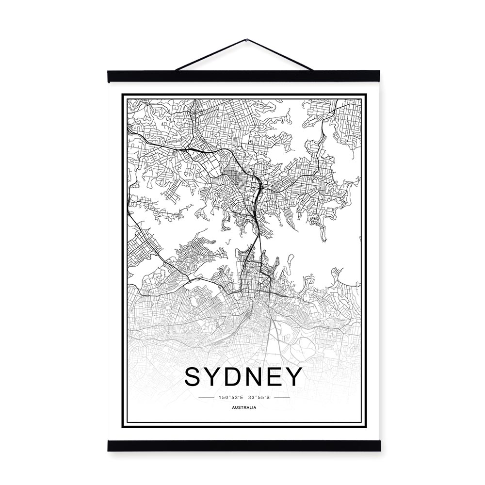 Black And White World City Map Wall Art Wooden Framed Canvas Painting Of Moscow Paris Berlin For Nordic Home Decor - 16