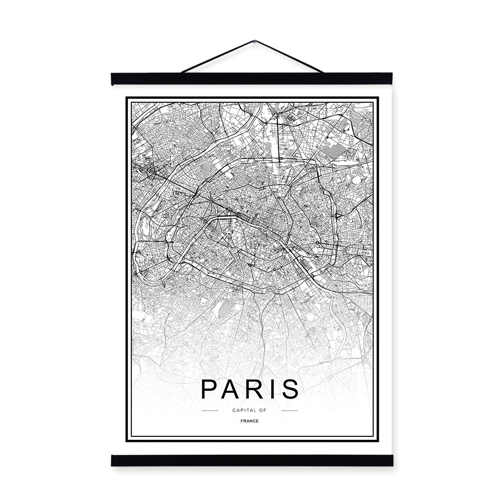 Black And White World City Map Wall Art Wooden Framed Canvas Painting Of Moscow Paris Berlin For Nordic Home Decor - 12