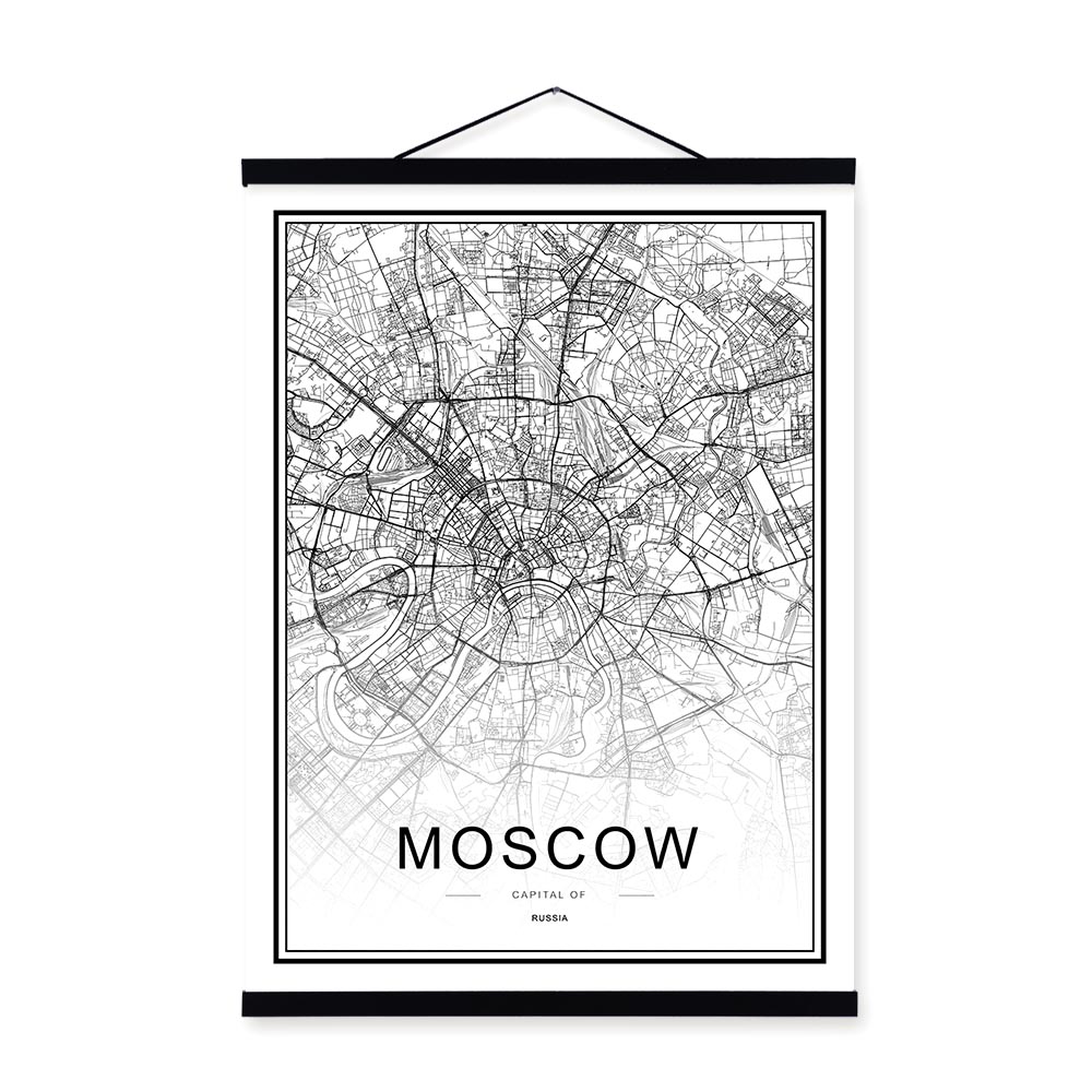 Black And White World City Map Wall Art Wooden Framed Canvas Painting Of Moscow Paris Berlin For Nordic Home Decor - 11